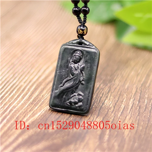 Natural Black Green Jade Guanyin Pendant Beads Necklace Charm Jewelry Obsidian Accessories Carved Amulet Gifts for Men | Украшения и