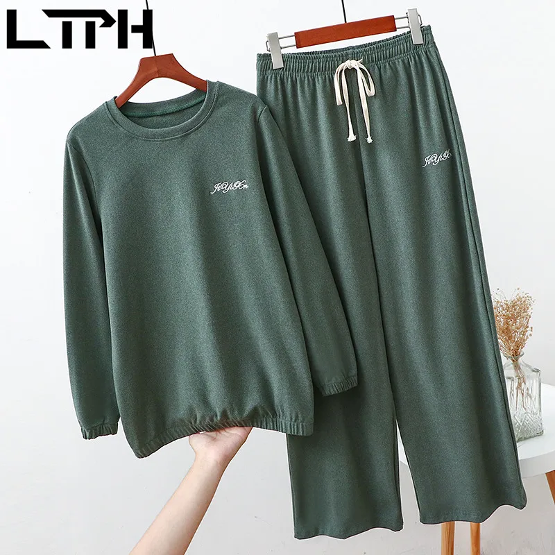 LTPH-Conjunto de 2 piezas bordadas para mujer, ropa de talla grande, sudaderas holgadas estilo stayhome, pantalones fáciles de combinar, trajes, primavera 2021