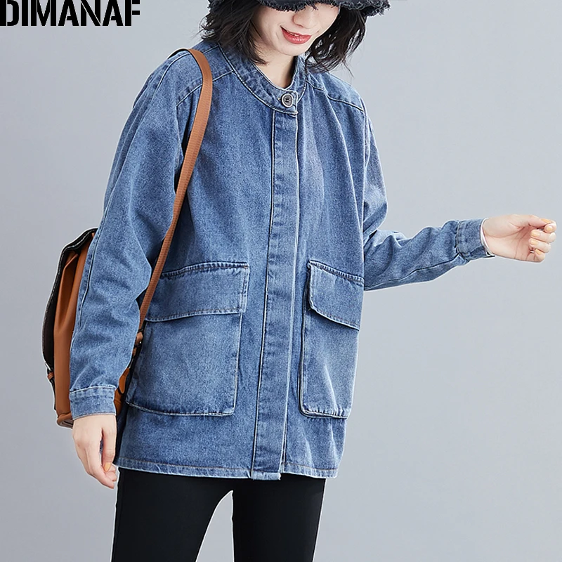 

Женская джинсовая куртка DIMANAF, винтажная куртка-бомбер из денима с длинным рукавом, свободная повседневная верхняя одежда для осени