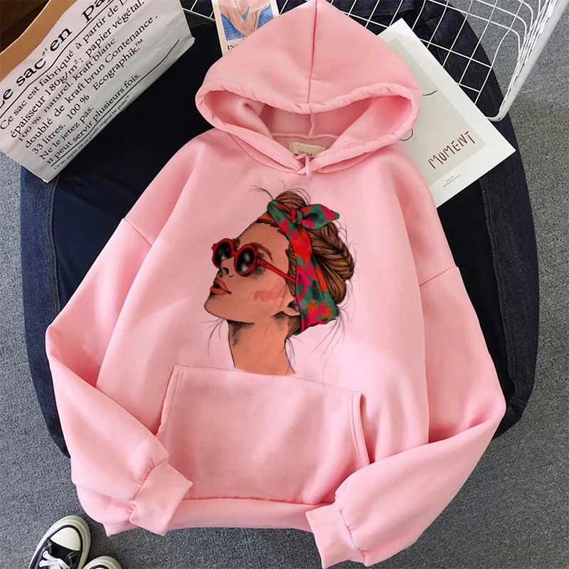 Plus Size Women Winter Print Hoodies Sweatshirts Casual Tops Harajuku Streetwear Hooded Jumper Loose Warm Pocket Pullovers