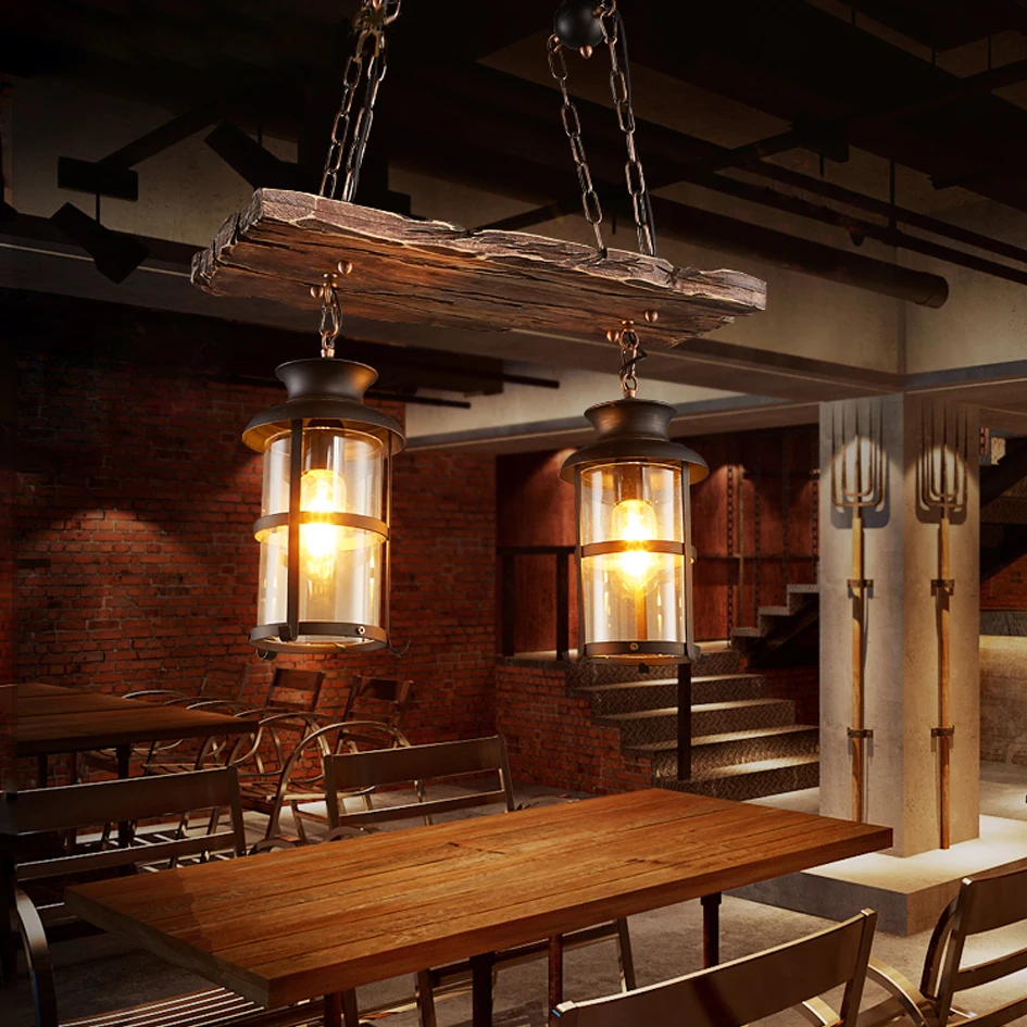 Винтажная люстра EKOO E27 в стиле индастриал деревянная железная лампа s 2