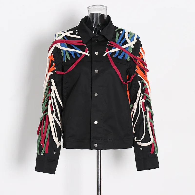 

Streetwear Black Bandage Women Coat Single Breasted Gothic Contrast Color Turn Down Collar Female Design 3XL Plus Short Jackets