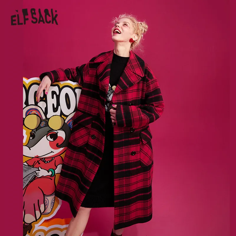 Женское прямое двубортное пальто ELFSACK красное клетчатое шерстяное с вышивкой