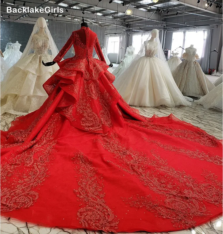 Red Special Dubai Puffy Party Dresses High Neck Long Tulle Sleeve Lace Up Back Wedding Can Make For Muslim | Свадьбы и торжества