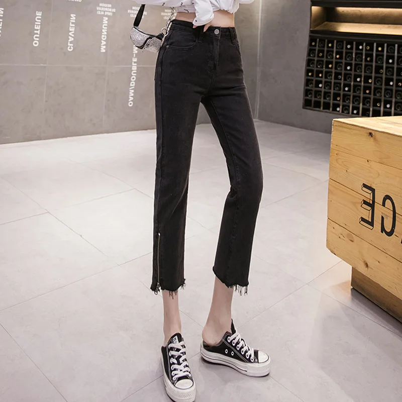 High Waist Jeans Cotton Ankle-Length Pants Spring and Autumn Women's Korean Style Side Zipper Fashion Burr Stretch Straight Tube