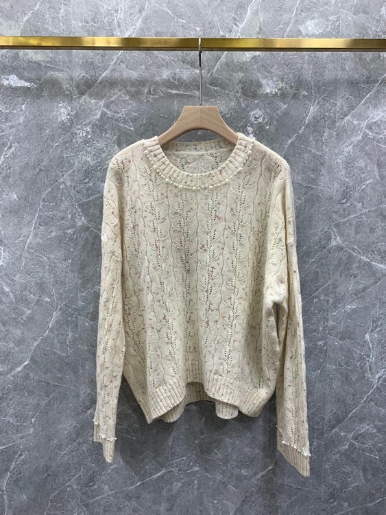 

2021 new women fashion neckline pearl decoration solid color long-sleeved wool top 1021