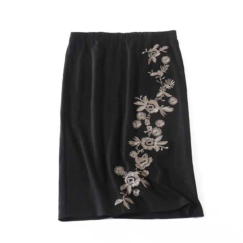 Женская Весенняя повседневная черная юбка с вышивкой эластичным поясом и