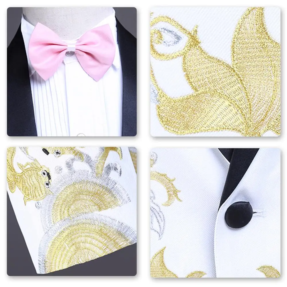 YUNCLOS Men 3 Pieces Suits One Single Button Wedding And Party Embroidered Dress (jacket + pant+ bow tie) Two Pockets | Мужская одежда