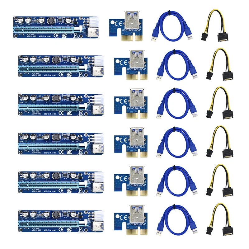 

6PCS VER008C Molex 6 pin PCI Express PCIE PCI-E Riser Card 008C 1X to 16X Extender 60cm USB3.0 Cable Mining Bitcoin Miner