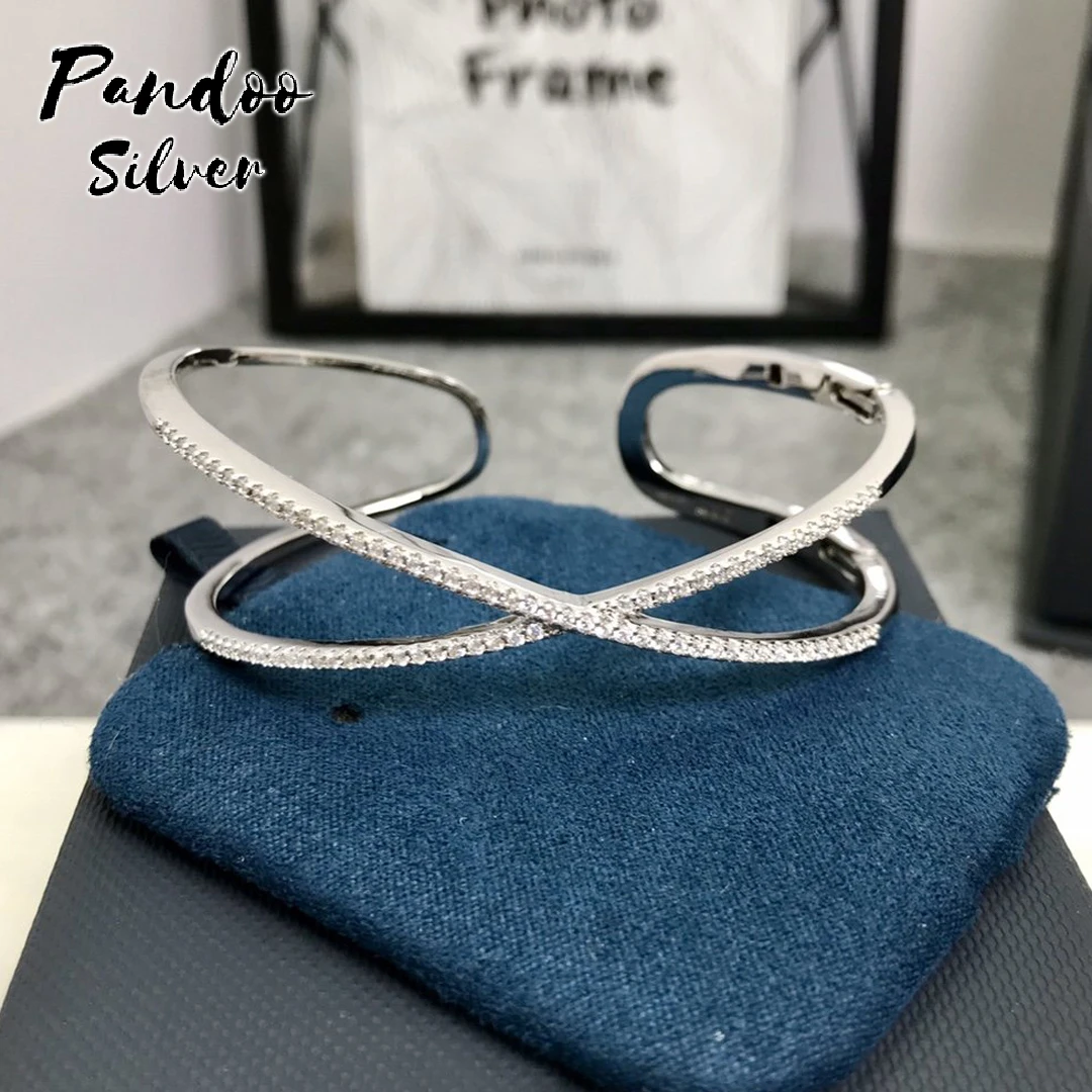 

High Quality S925 Sterling Silver Bangle Original Jewelry,Silver CROISETTE Double Line Paved Open Cuff With Logo Women Gift