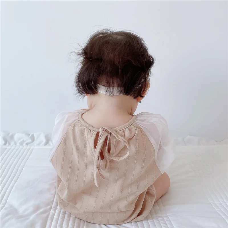 

Summer contrast color Bodysuit girl baby bubble sleeve Bodysuit hair belt baby girls clothes baby girl onesie