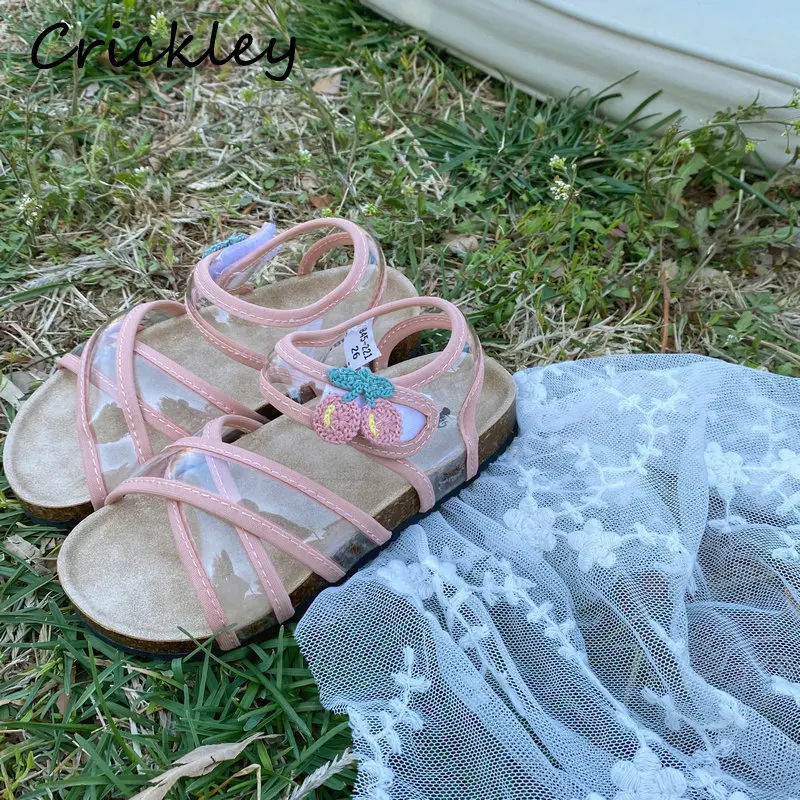 

Cute Embroidery Cherry Girl Sandal Summer Transparent PVC Footwear Shoes For Toddler Princess Hook Loop Soft Bottom Kids Sandals