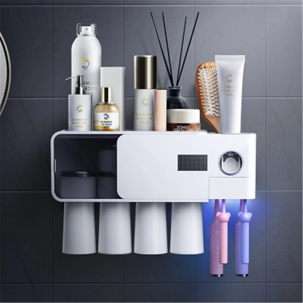 

USB Charge UV Toothbrush Storage Holder Set with Cup Toothbrush Sterilizer Wall-Mounted Organizer Shelf Auto Toothpaste Squeezer
