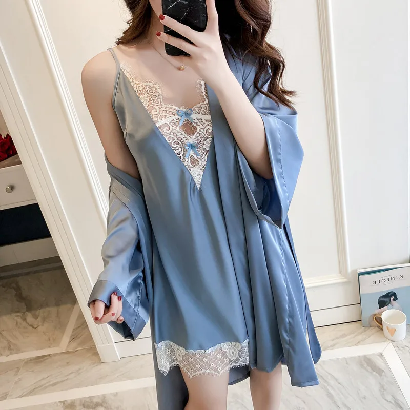 Серый сексуальный комплект одежды из двух предметов искусственного шелка