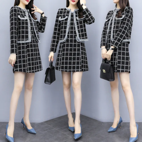 

Plaid Luxury 2 Piece Set Women Jacket& Dress For Women Office Lady Two Piece Outfits High Quality Women 2 Sets Clothing Coat