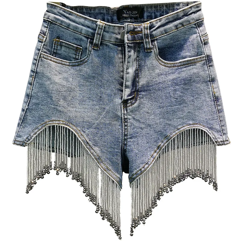 

ZCSMLL 2021 Autumn New Arrivals High Waist Pockets Rhinestone Tassel Women Fashion Trend Streetwear Blue Denim Shorts F410