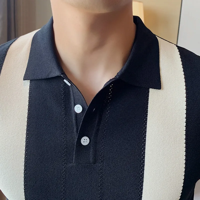 

2020 Summer Men's Short-sleeved Knitted Casual POLO Shirts Contrast Color British Slim Lapel Ice Silk POLO Shirt Men Clothes