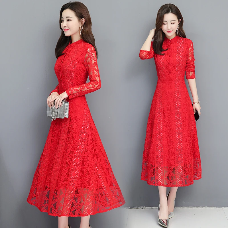 Женское длинное платье средней длины с красным кружевом большие размеры L-5XL XXL XXXL