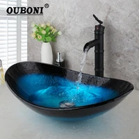 ouboni oval vanity bathroom vessel sink faucet blue handpaint combo set w drain waterfall bamboo black counter top mixer faucet