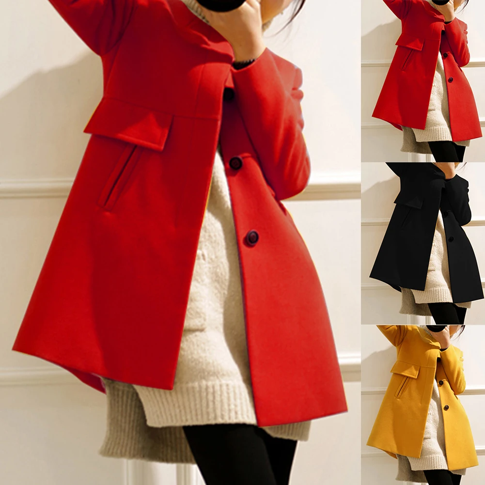 

2020 autumn and winter Women Long Sleeve O Neck Button Pocket Plus Size Loose Woolen Trench Coat plus size office ladies jacket