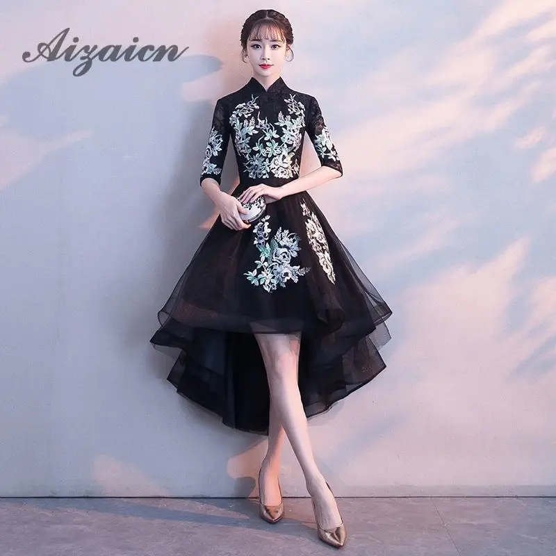 Вышивка Cheongsam длинное китайское Восточное вечернее платье элегантные платья принцессы красные Qipao Свадебные Летние женские сексуальные цветы