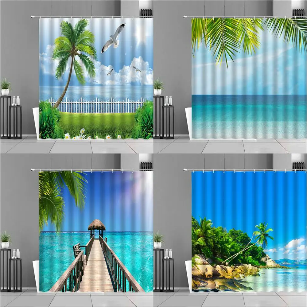 

Sunny Beach Coconut Tree Sea Scenery Shower Curtains Bird Green Leaves Ocean Landscape Bathroom Curtain Waterproof Bath Screen