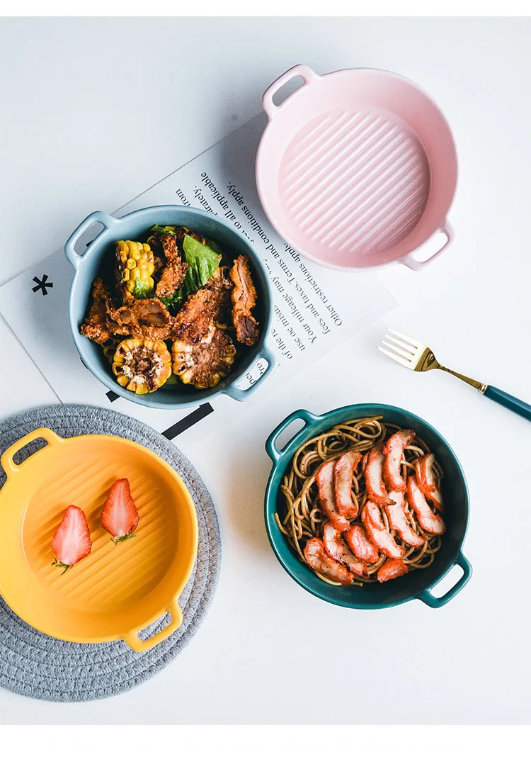 

Ceramic Binaural Comal Household Bakeware Oval Baking Pan Food Dish Microwave Noodle Soup Pizza Bowl Ovenware