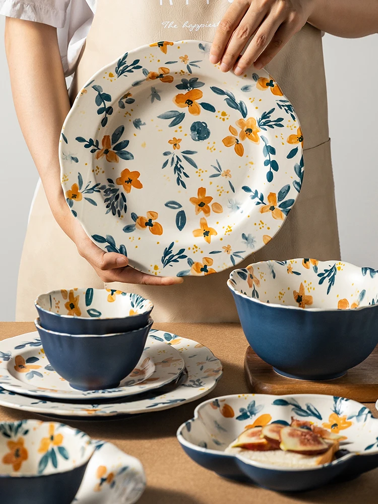 

Japanese Bowl Noodle Bowl Rice Bowl Dish Ins Wind Tableware Cute Creative Soup Bowl Flower Plate Household Set