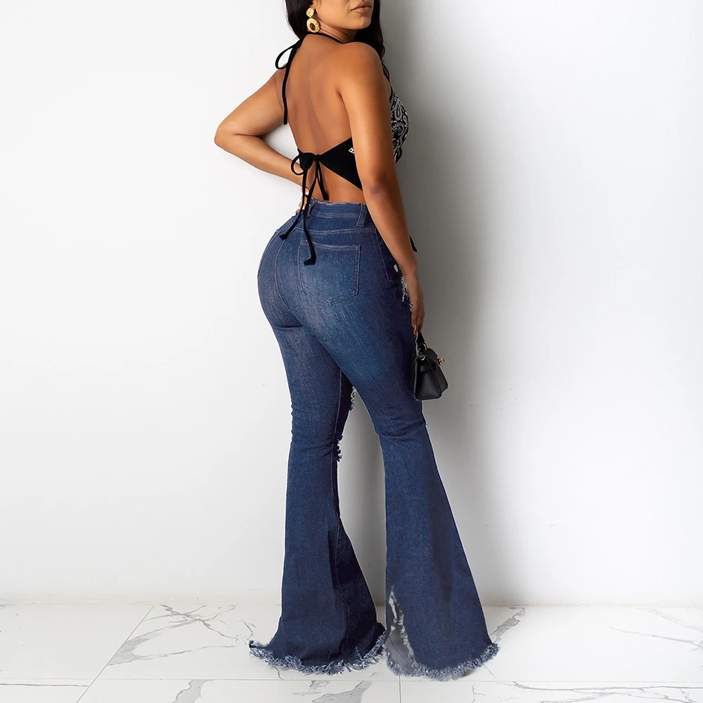 Рваные расклешенные джинсы женские с высокой талией широкие брюки случайный