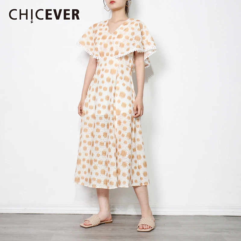 

CHICEVER Hollow Out Print Dot Dress For Women V Neck Short Sleeve High Waist Elegant Midi Dresses Female Fashion New Stylish