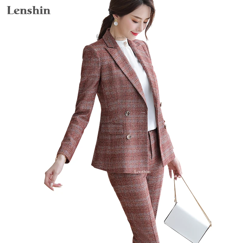 Lenshin, высокое качество, комплект из 2 предметов, клетчатый Деловой брючный костюм, Блейзер, Офисная женская униформа, дизайнерская женская деловая куртка и штаны