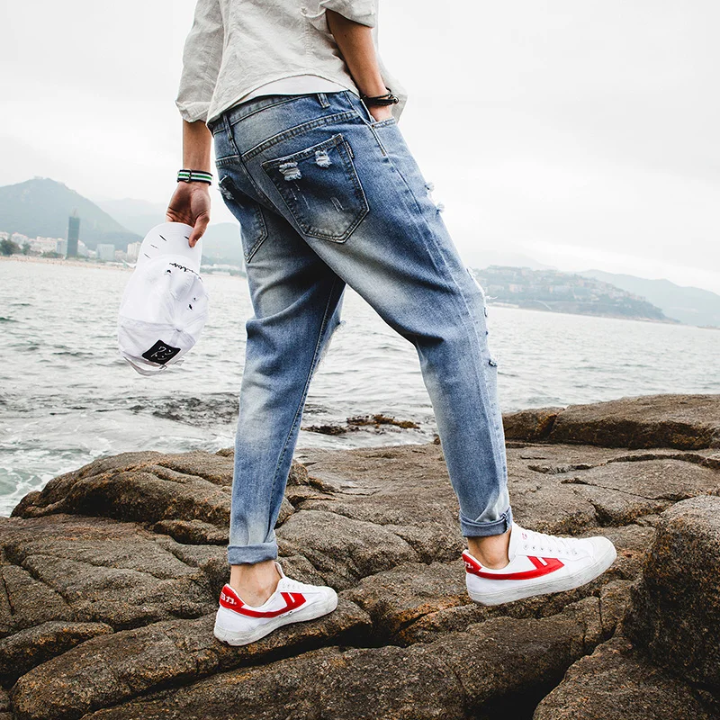 2019 новые весенние мужские рваные джинсы светло голубые дырочные брюки порт ветер