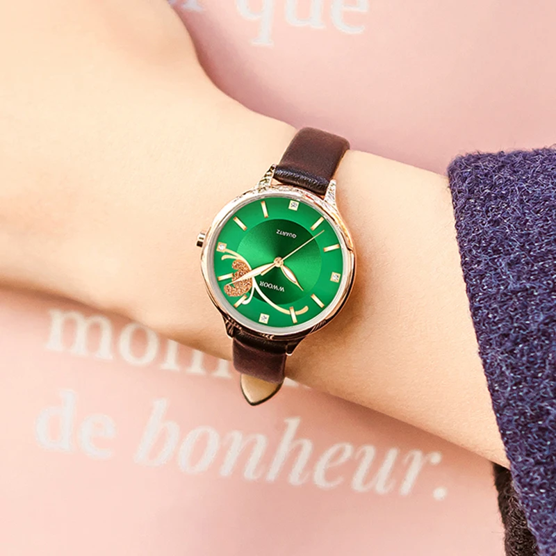 WWOOR 2022 New Designer Women Watches Top Brand Luxury Diamond Ladies Dress Watch Women Fashion Green Female Leather Reloj Mujer