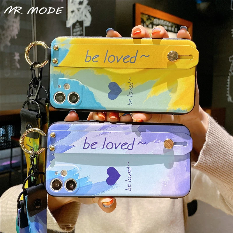 

Wristband Bracket With Lanyard Love Heart Gradient Watercolor Phone Case For Huawei Nova 7 8 SE Pro Mate 40 30 P40 P30 Pro Cover