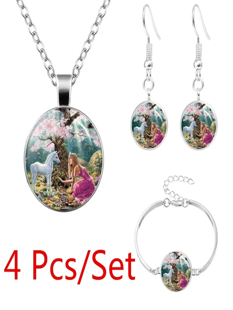 Unicorn Flower Fairy Art Photo Jewelry Set Glass Pendant Necklace Earring Bracelet Totally 4 Pcs for Women's Fashion Party Gifts