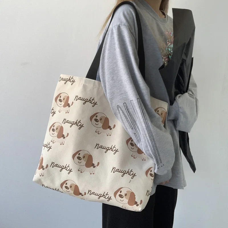

Lady Canvas Bag Dog Graffiti Printed Shopping Bag Girls Shoulder Bag Student Large Capacity Tote Bag Reusable Minimalist Handbag