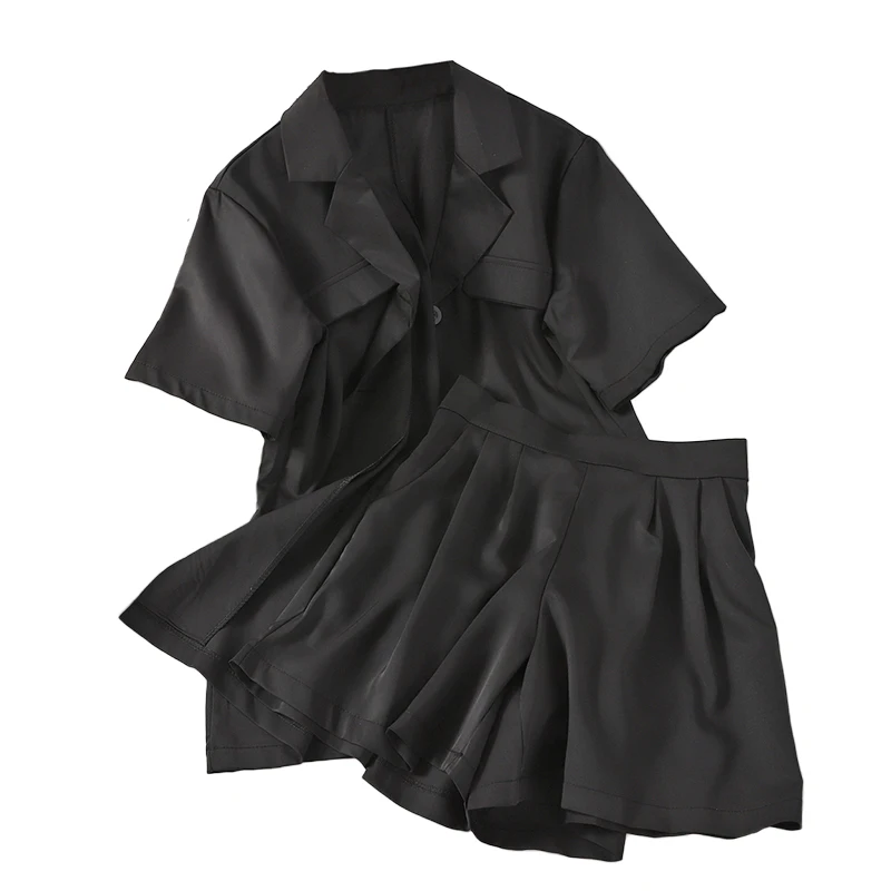 

Fashion Two piece sets suit collar fake pocket casual shirt top With high waistwide-leg shorts office two-piece suit female