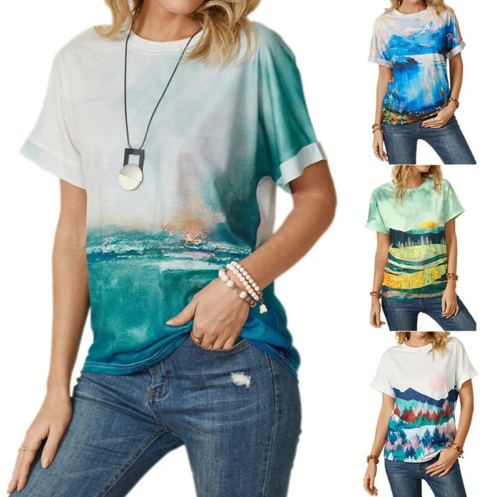 

Summer Womens Landscape Painting Printing T-shirt Tops Casual Holiday Blouse