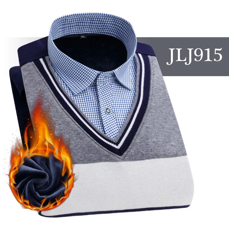 JLJ915 Мужская одежда, рубашки с вышивкой, в полоску, макет, из двух частей, платье, рубашка, имитация двойки, длинный рукав, толстый бархат, свитер, рубашки - Цвет: JLJ915
