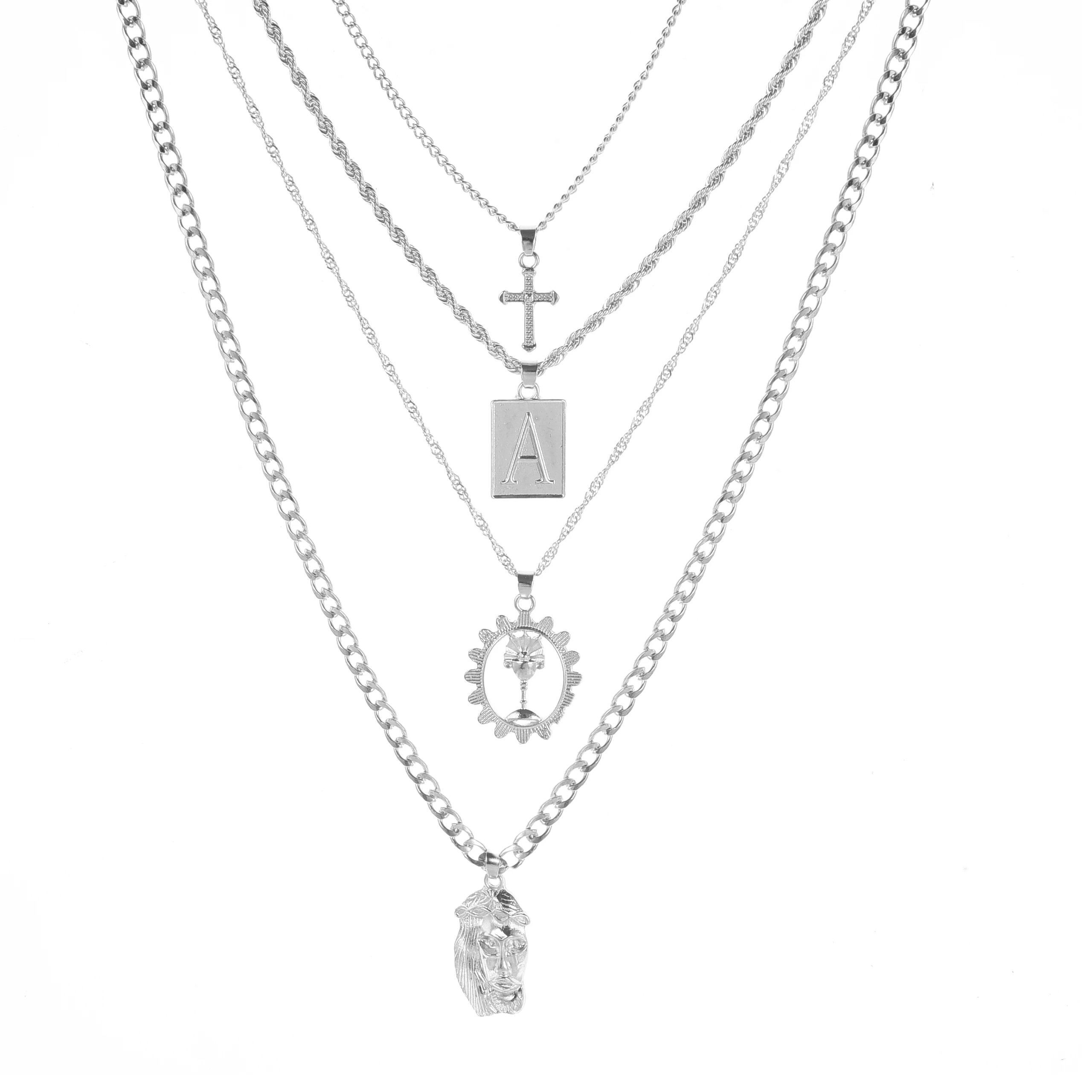 Exaggerated Letter A Pendant Layered Necklace Geometric Alloy Beauty Portrait Cross Wine Glass Multilayer Banquet Gift | Украшения и