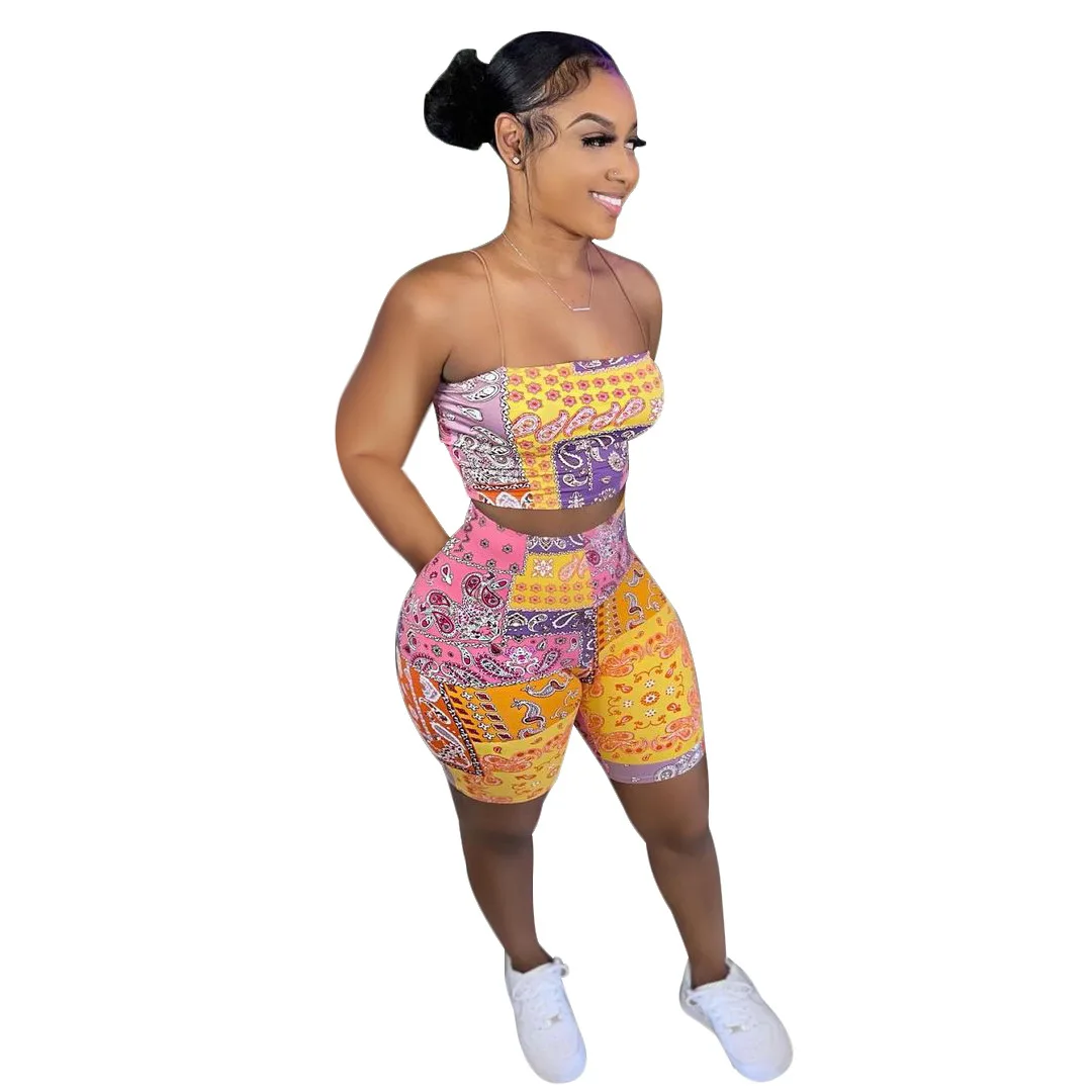 

RStylish Paisley Bandana Print Women Outfits Summer 2021 Tracksuits Sexy Strapless Crop Tops Biker Shorts Streetwear 2 Piece Set