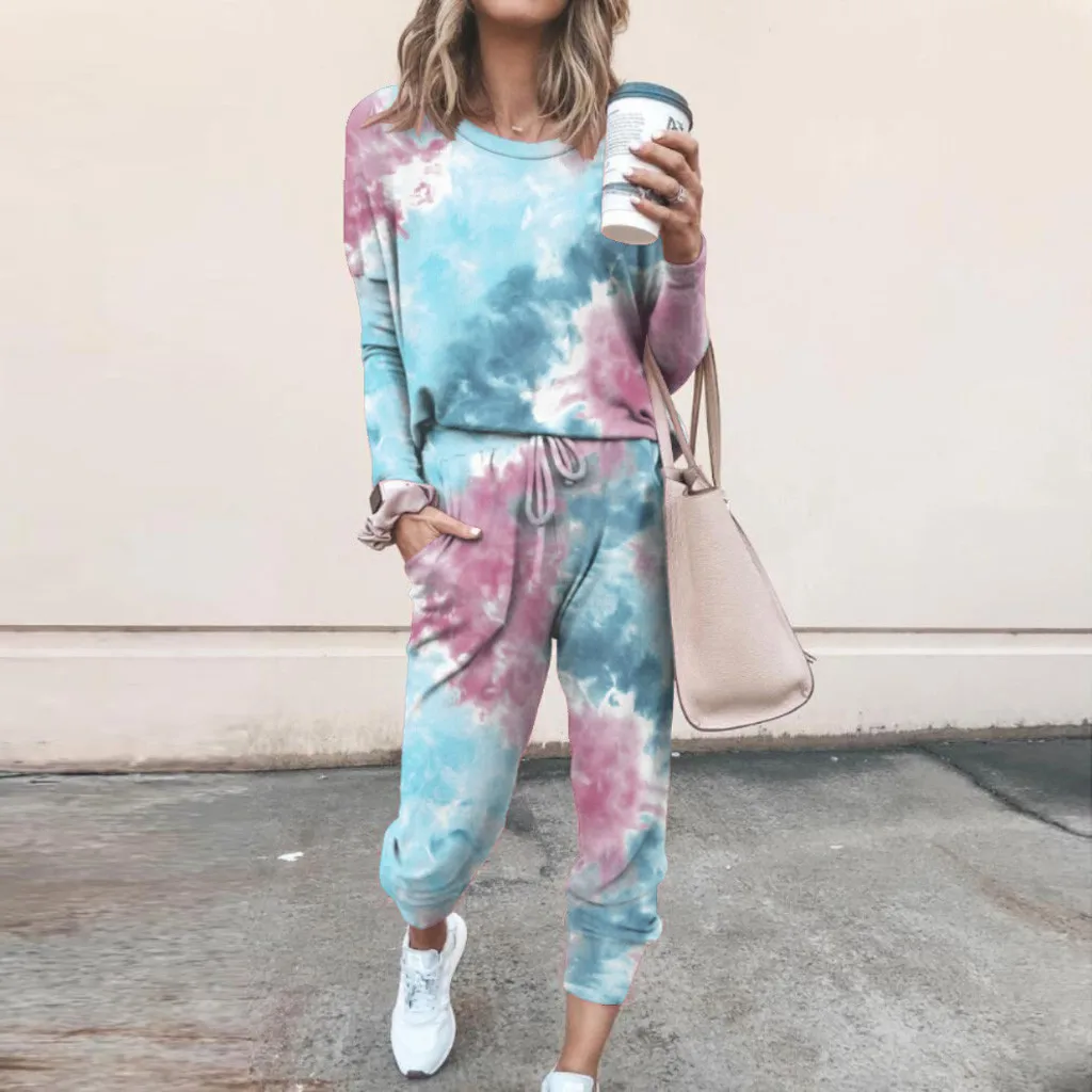

Long-sleeved Trousers Two-piece Women's Home Set Tie-dye Printing Round Neck Pullover Casual Autumn And Winter Home Pajamas Set