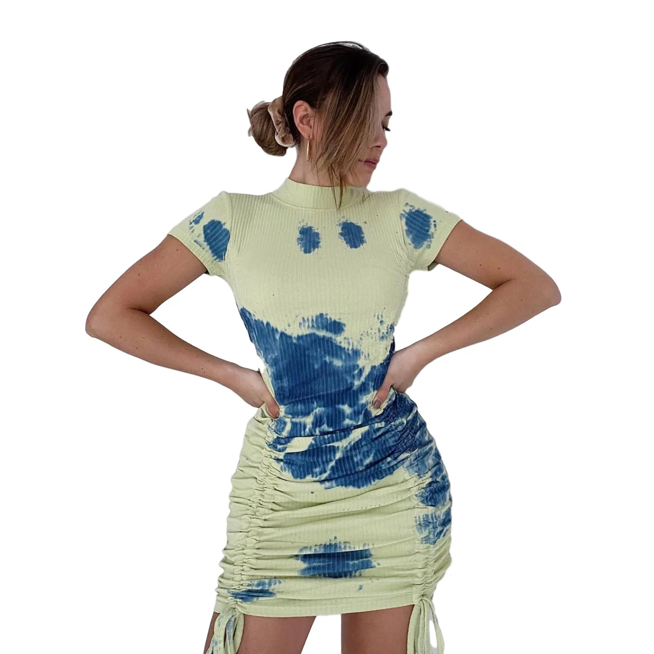 

2020 Spring Autumn New Short Sleeve O Neck Tie Dye Side Adjustable Drawstring High Waist Mini Dress Sexy Dress Women