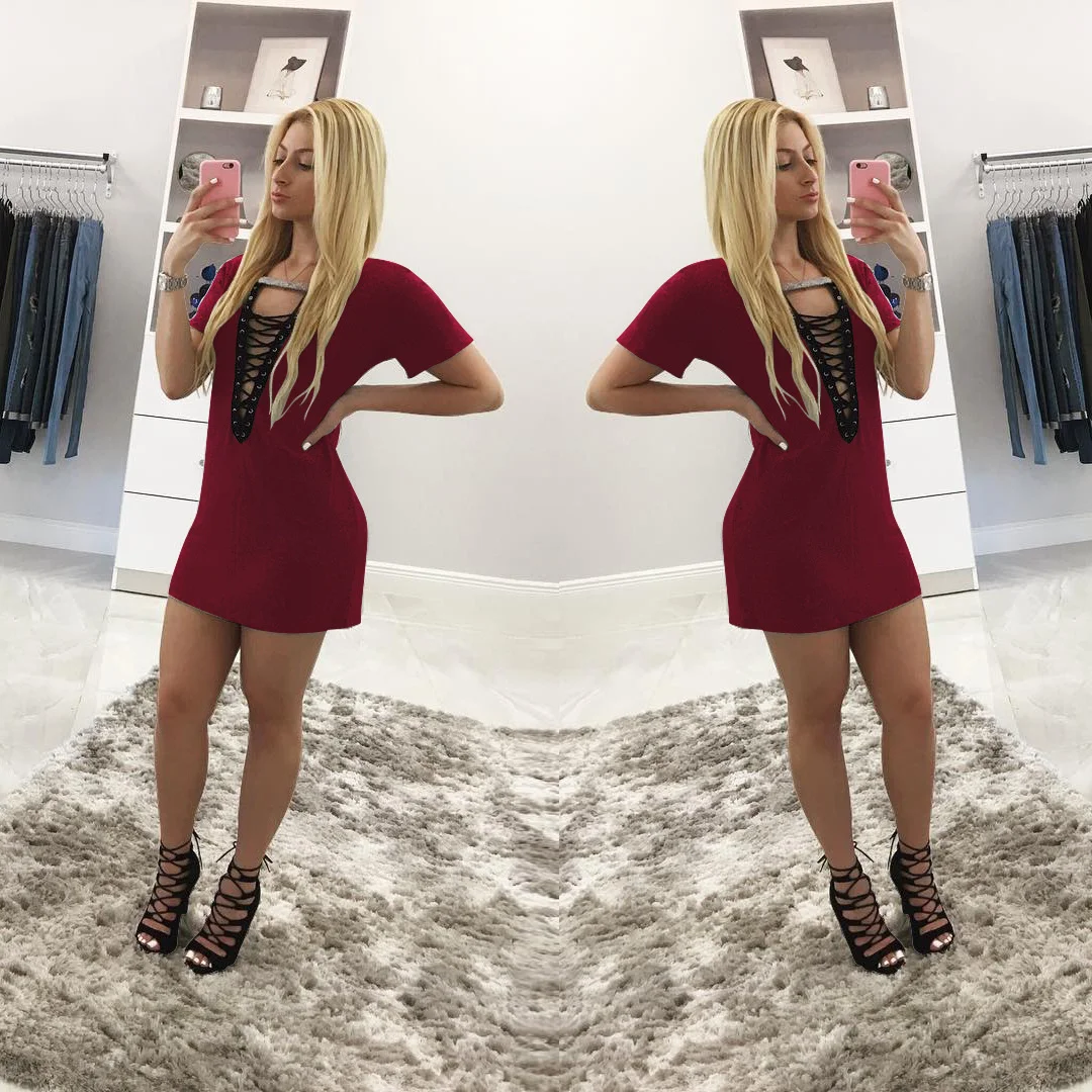 

Винно-красное сексуальное Бандажное платье с коротким рукавом и V-образным вырезом, ажурное мини-платье, модное вечернее праздничное Подаро...