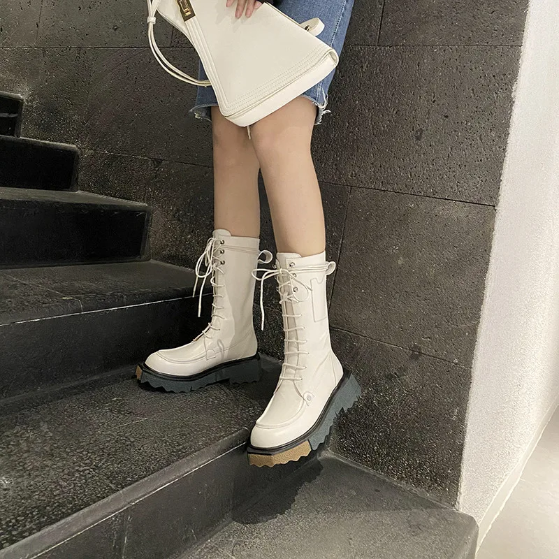 Harga Asumer Sepatu Kulit Asli Baru 2021 Sepatu Bot Wanita Pertengahan Betis Sepatu Kasual Musim Gugur Musim Dingin Sepatu Bot Platform Datar Wanita Hitam