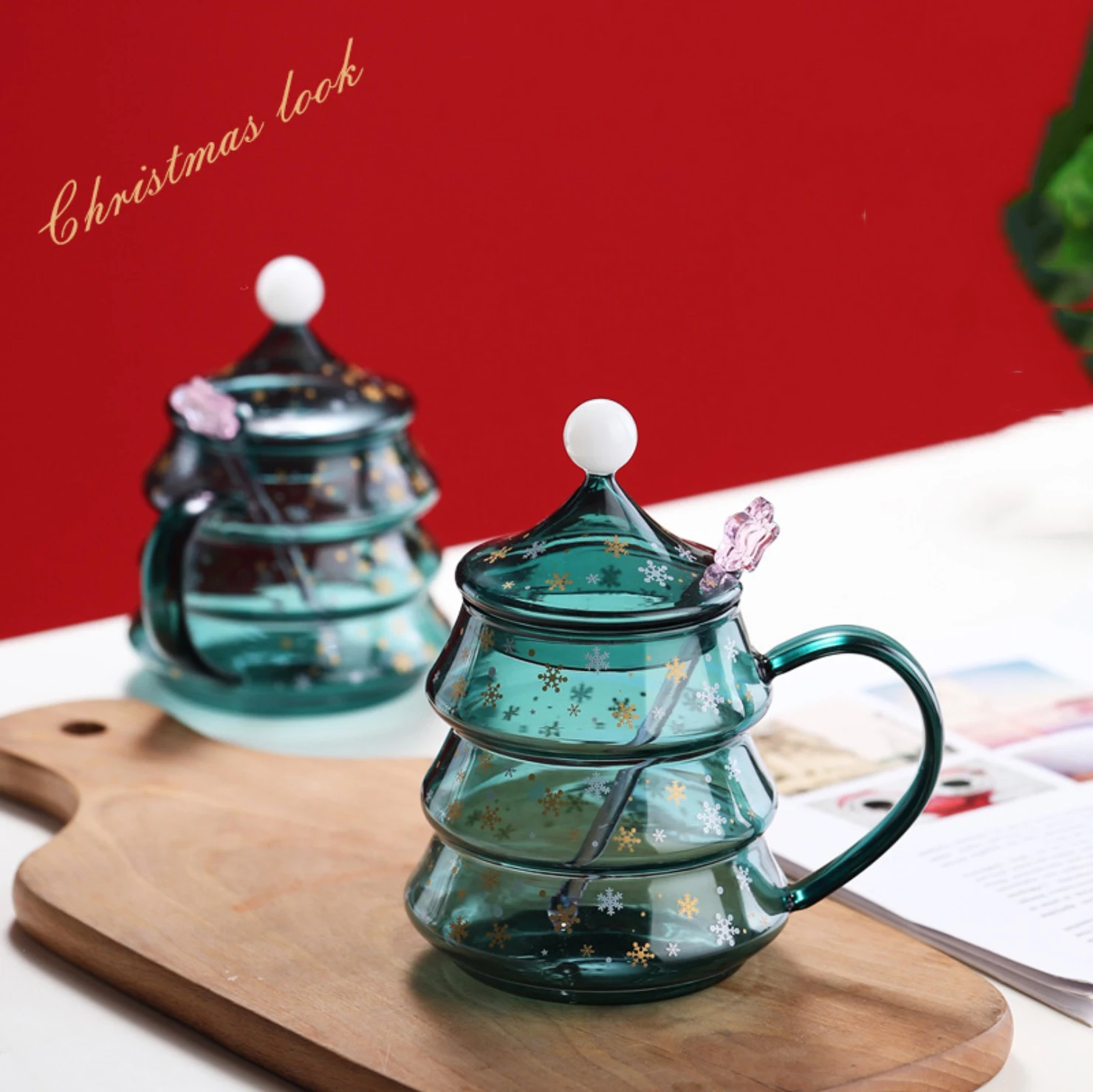 

Christamas Tree Glass Water Cup With Spoon Lid Transparent Green Breakfast Milk Tea Mug 500ml