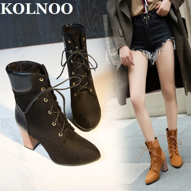 KOLNOO Handmade Womens Retro Style Chunky Heels Boots Lace-Up Vintage Martin Ankle Booties Large Size 35-47 Fashion Winter Shoes