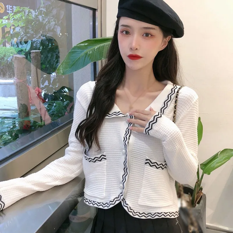 

Small Fragrance Style Coat Autumn Thinner Short Knit Contrast Color Long-sleeved Single Breasted Coat