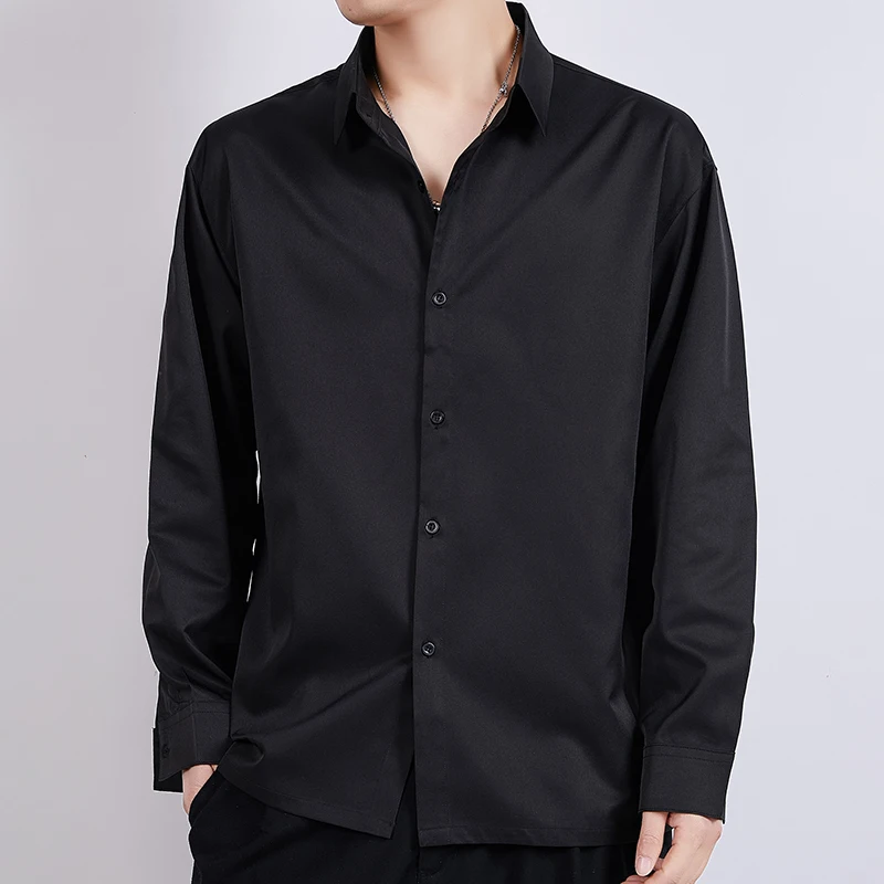 

Summer New Korean Style Men's Casual Shirts Long Sleeved Turn-down Collar Button Down Regular Fit White Black Social Shirt