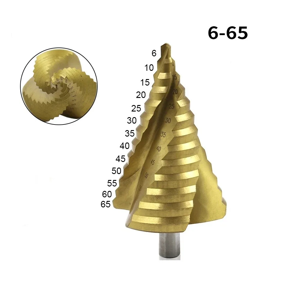 

6-65mm Large Titanium Coated Step Drill HSS Spiral Groove Pagoda Hole Cutter